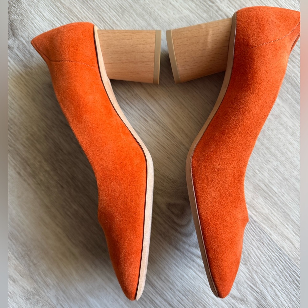 COS Orange Suede & Wood Block Heel Mod Style Square Toe Pumps Short Heels Size 7 - Picture 5 of 14